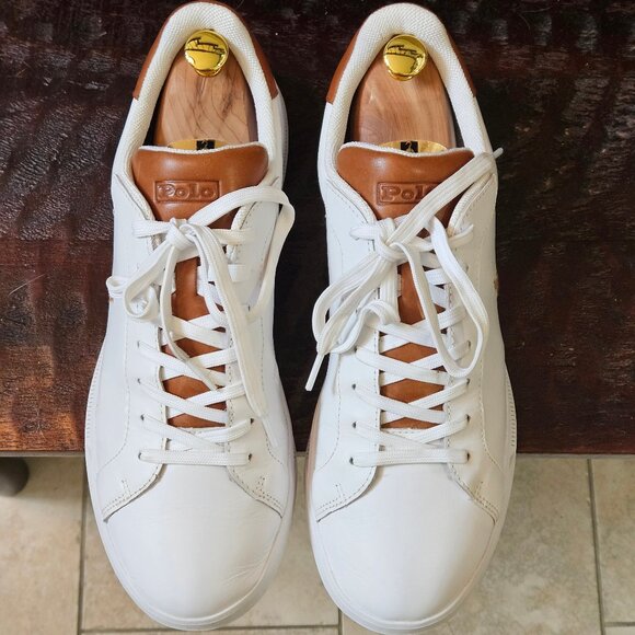 Polo Men's Heritage Court Leather Sneakers, White/Khaki, Sz 13 - Picture 2 of 16